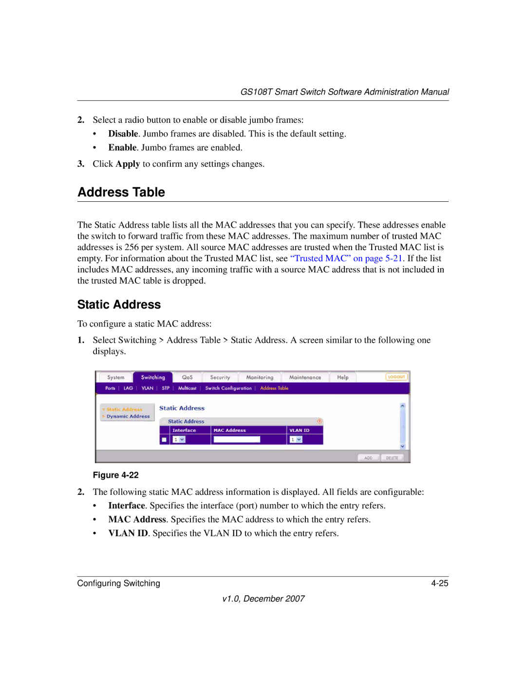 NETGEAR GS108T-100NAS manual Address Table, Static Address 