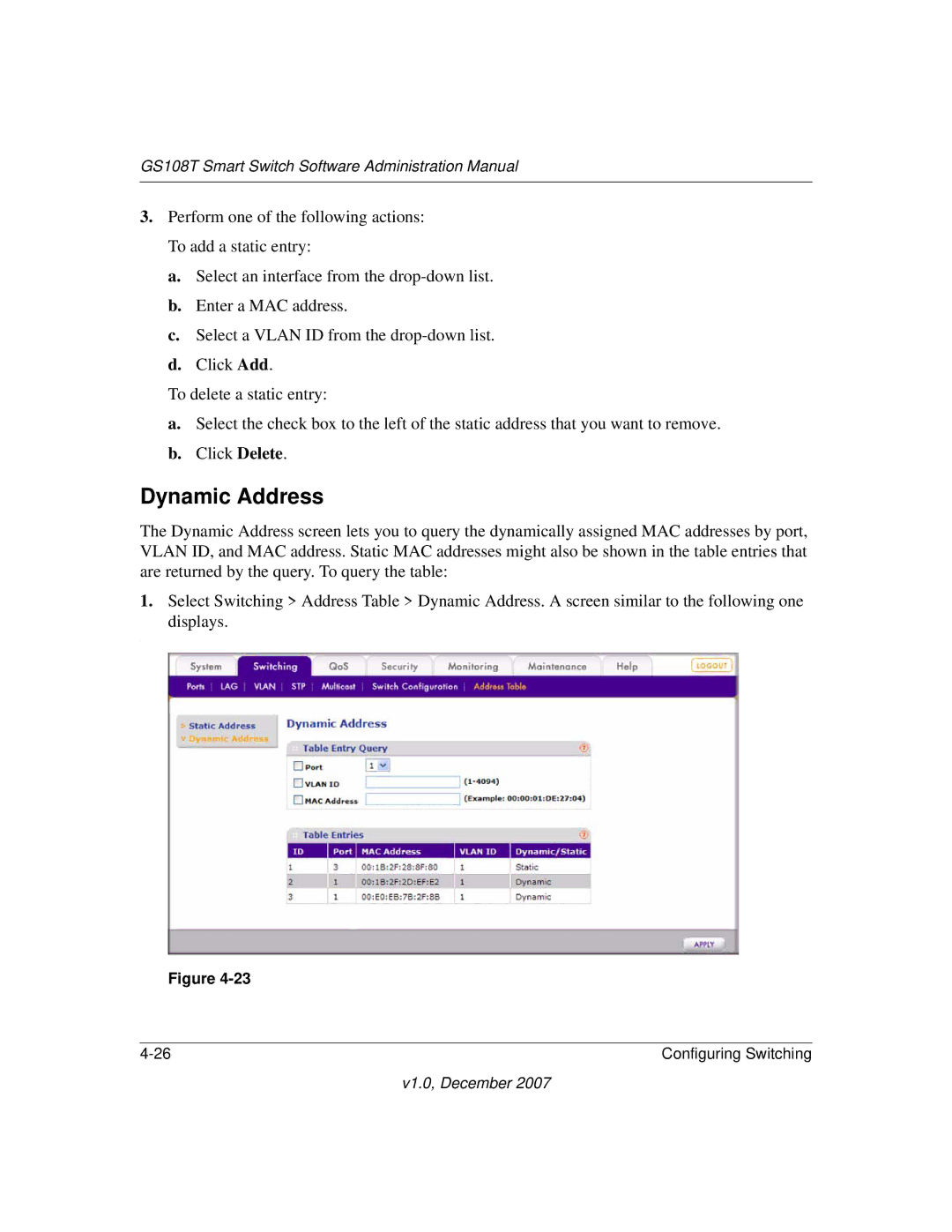 NETGEAR GS108T-100NAS manual Dynamic Address 