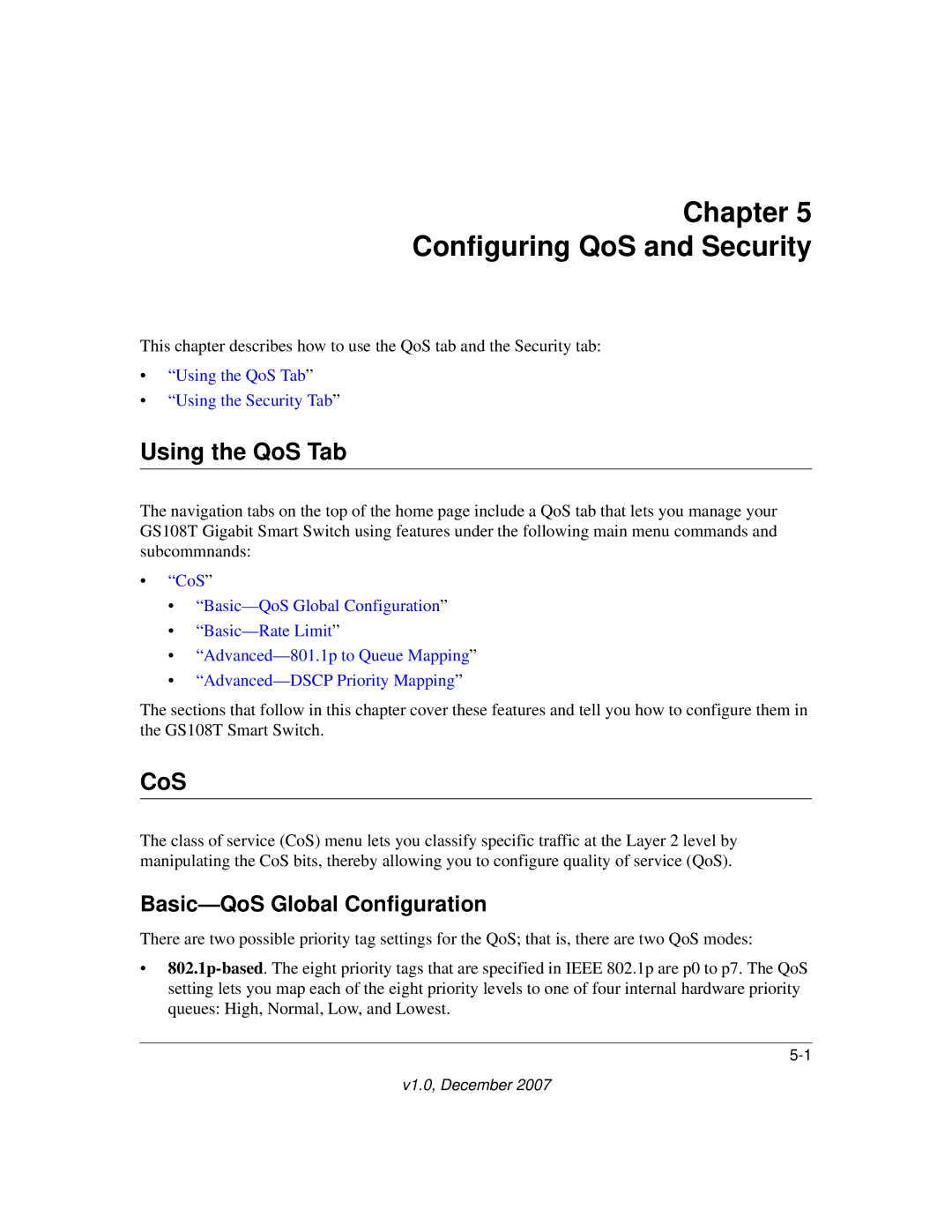 NETGEAR GS108T-100NAS manual Chapter Configuring QoS and Security, Using the QoS Tab, CoS, Basic-QoS Global Configuration 