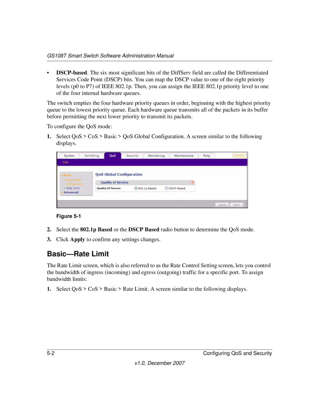 NETGEAR GS108T-100NAS manual Basic-Rate Limit 