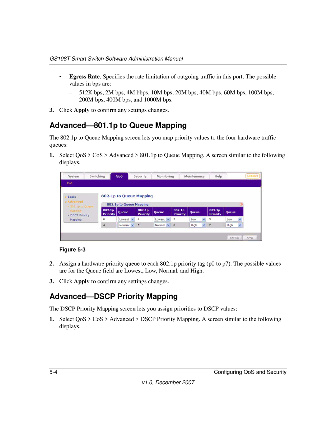 NETGEAR GS108T-100NAS manual Advanced-801.1p to Queue Mapping, Advanced-DSCP Priority Mapping 