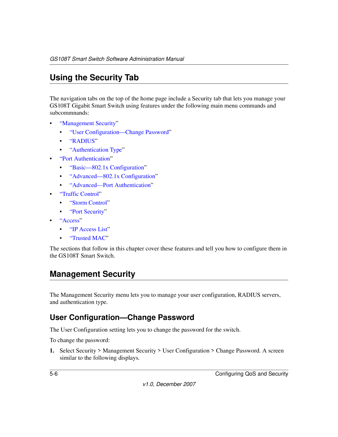 NETGEAR GS108T-100NAS manual Using the Security Tab, Management Security, User Configuration-Change Password 