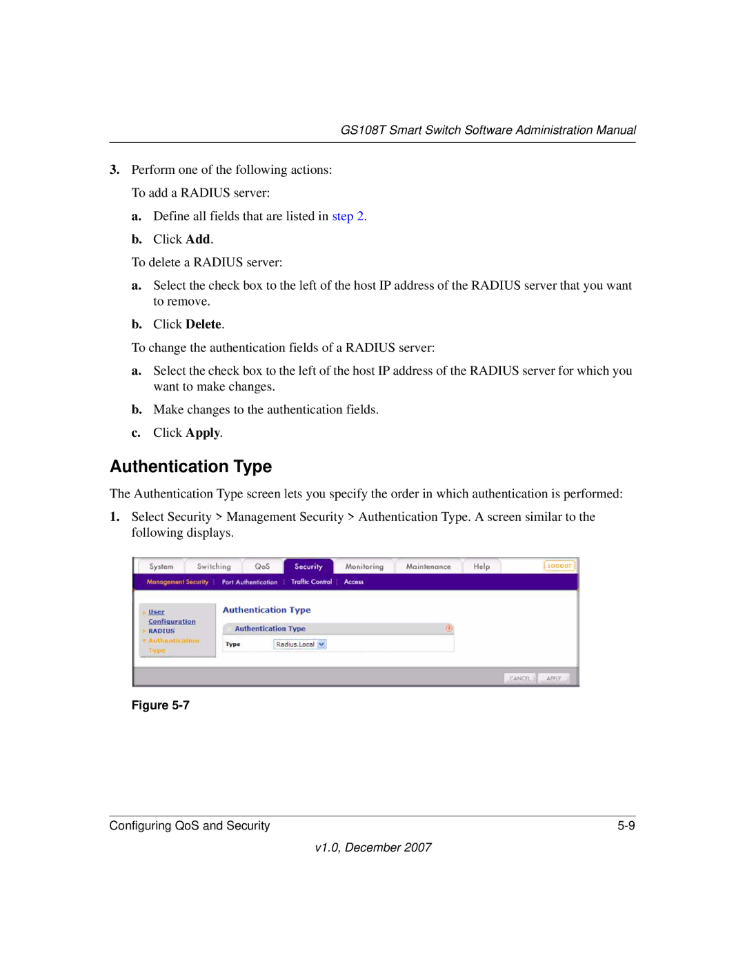 NETGEAR GS108T-100NAS manual Authentication Type 