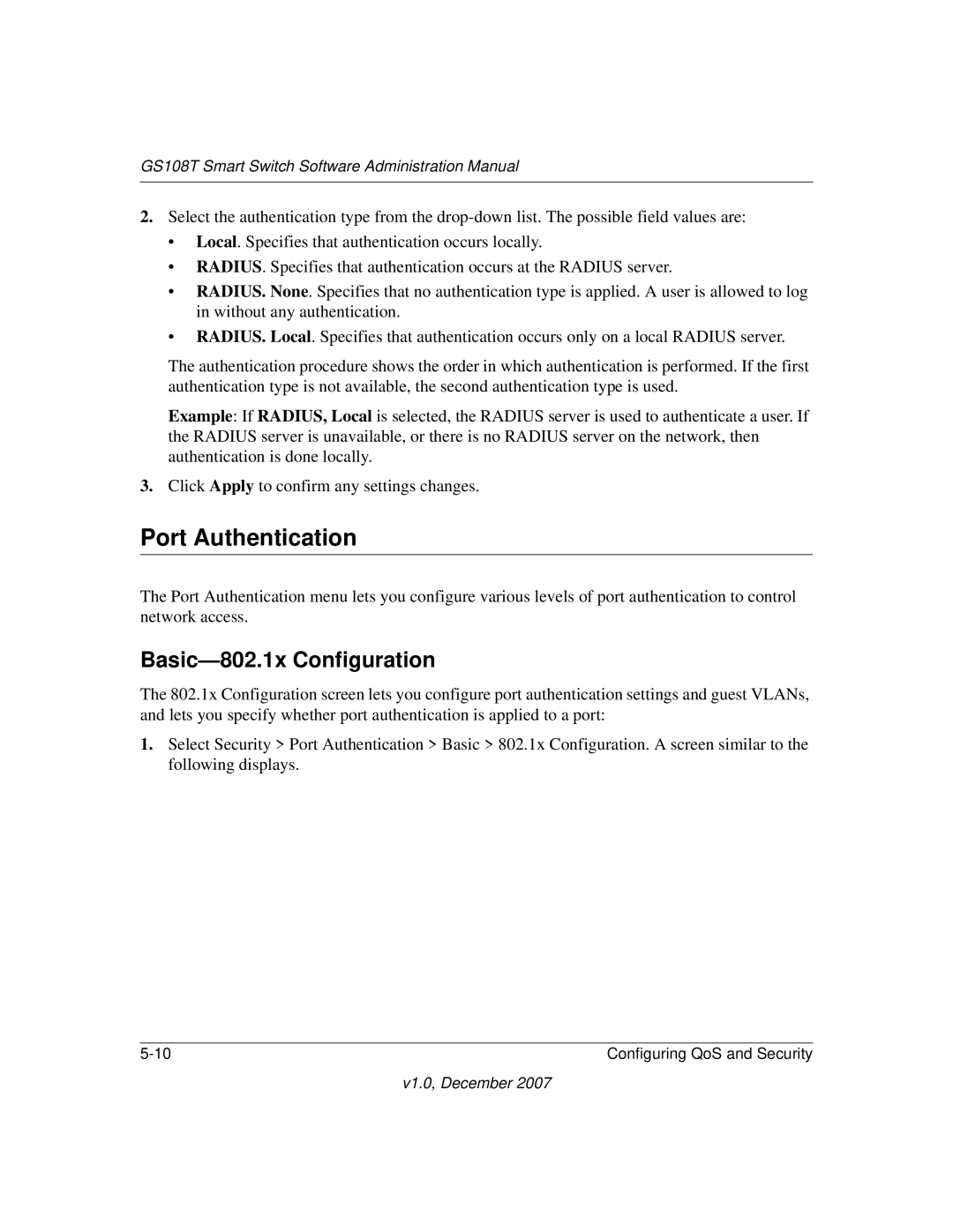 NETGEAR GS108T-100NAS manual Port Authentication, Basic-802.1x Configuration 