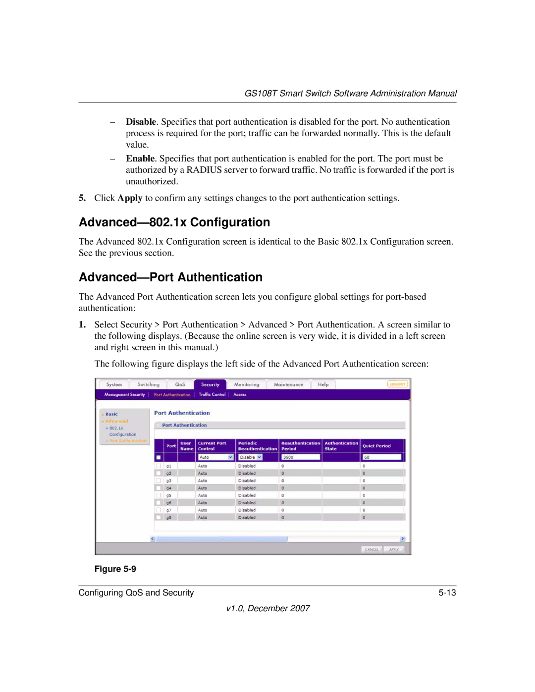 NETGEAR GS108T-100NAS manual Advanced-802.1x Configuration, Advanced-Port Authentication 