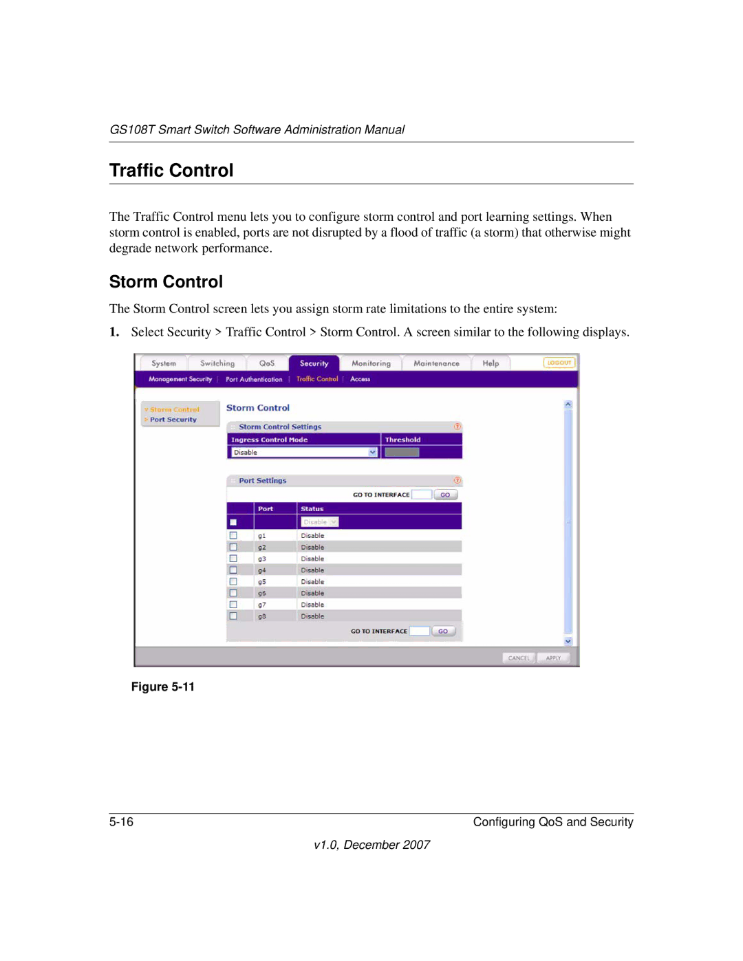 NETGEAR GS108T-100NAS manual Traffic Control, Storm Control 