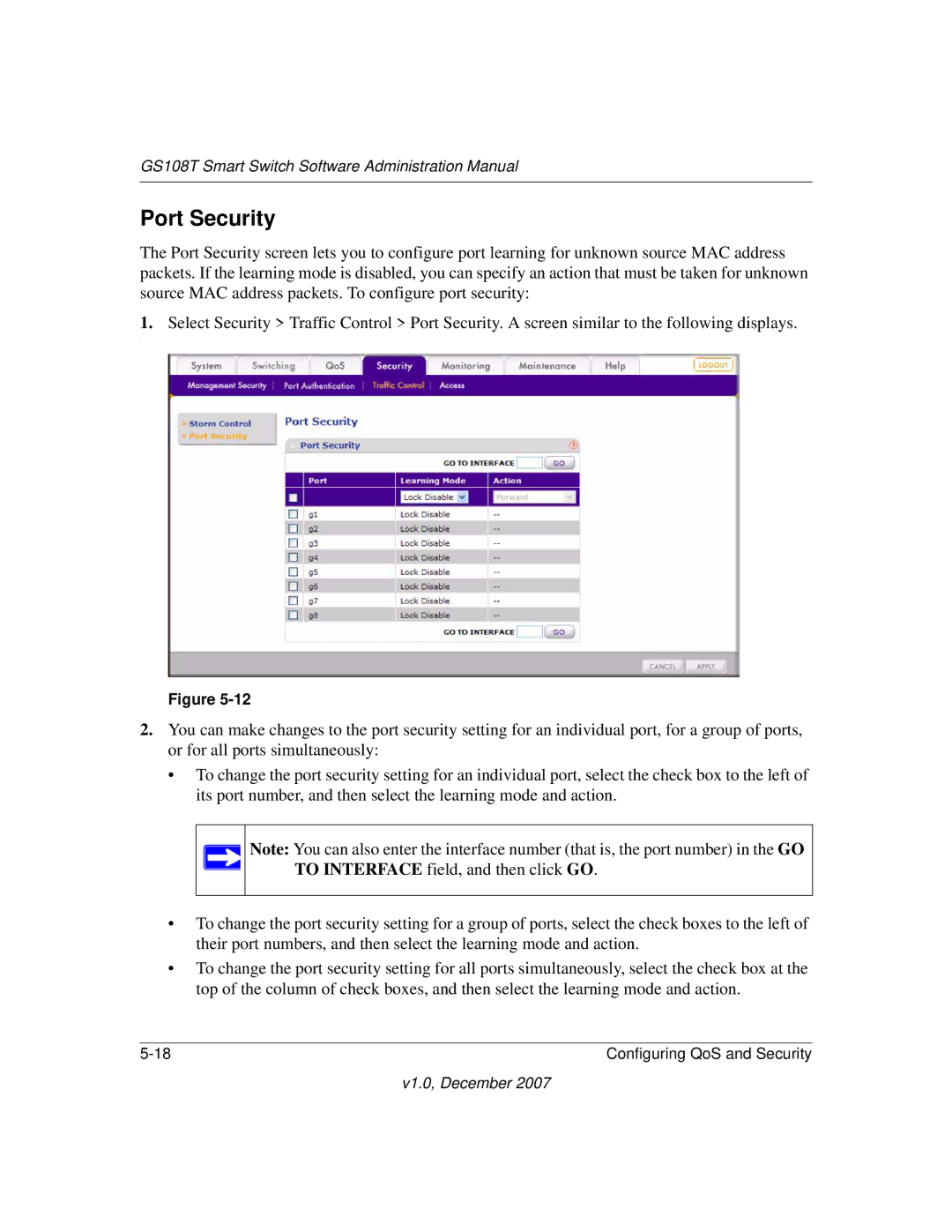 NETGEAR GS108T-100NAS manual Port Security 