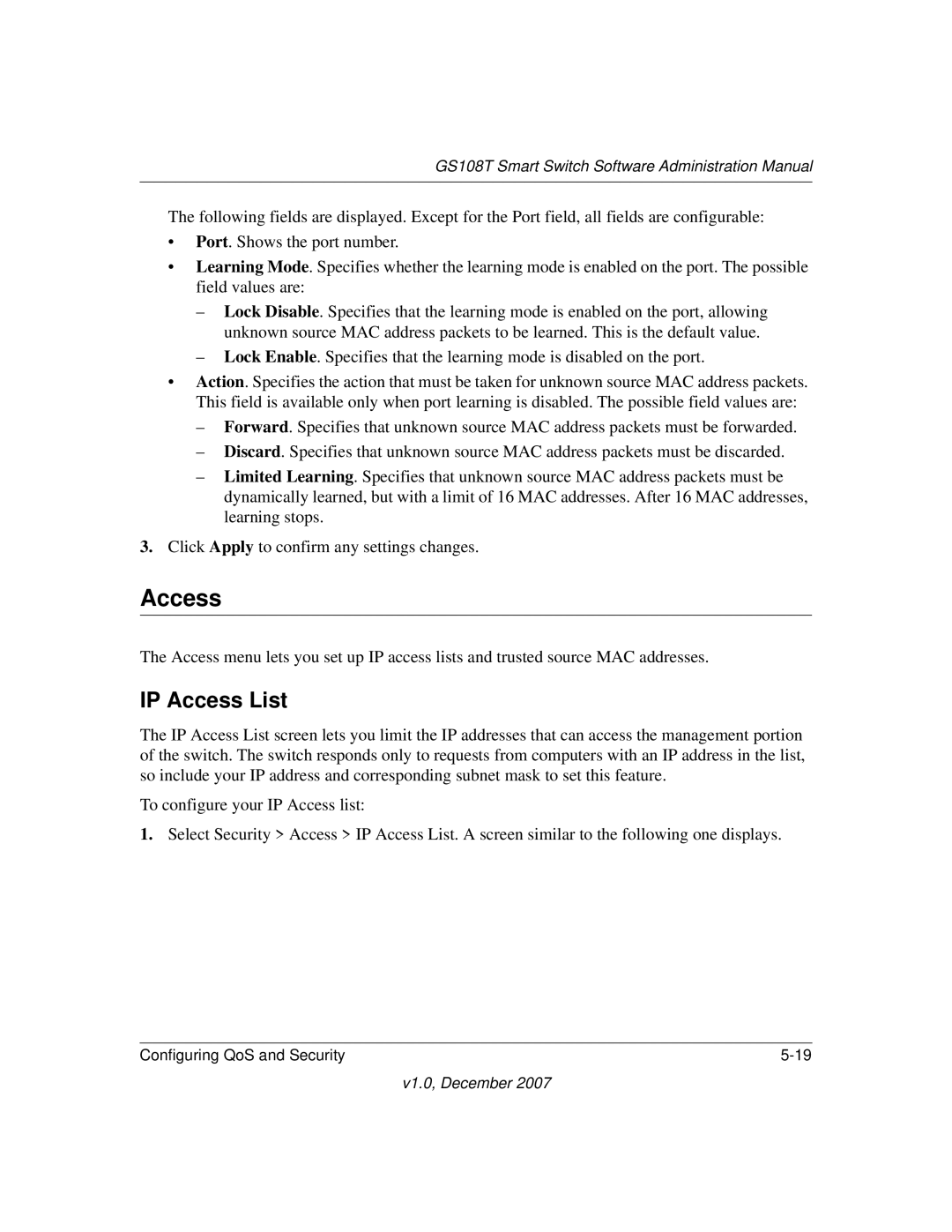 NETGEAR GS108T-100NAS manual IP Access List 