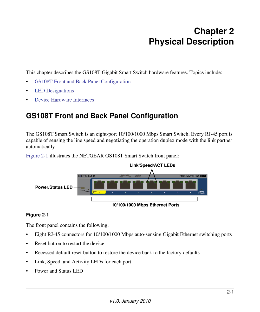 NETGEAR GS108T-200NAS manual Chapter Physical Description, GS108T Front and Back Panel Configuration 