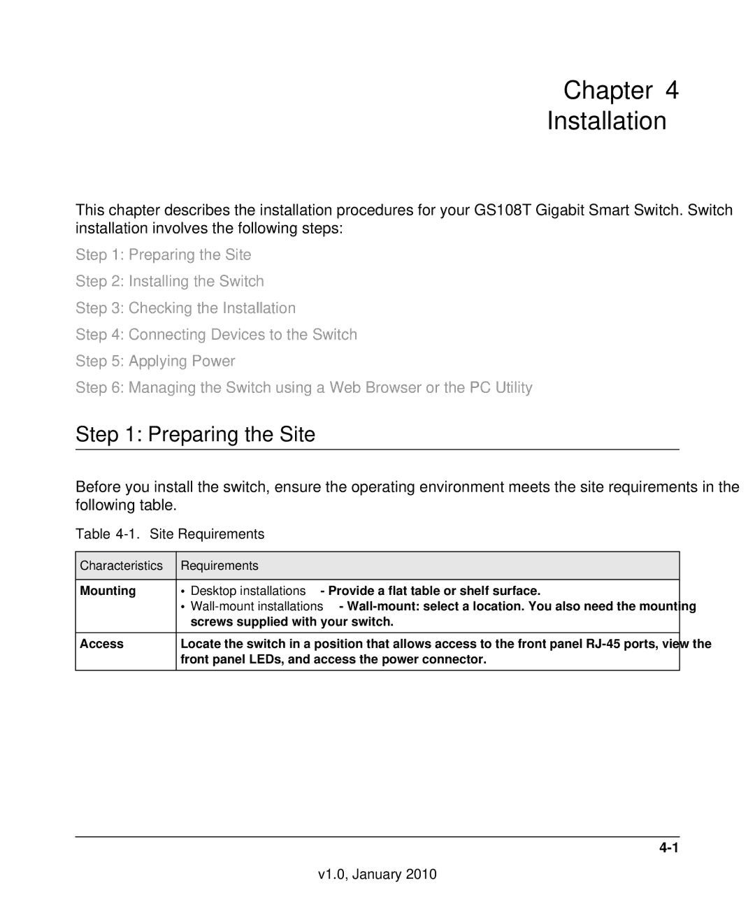 NETGEAR GS108T-200NAS manual Chapter Installation, Preparing the Site, Characteristics Requirements 