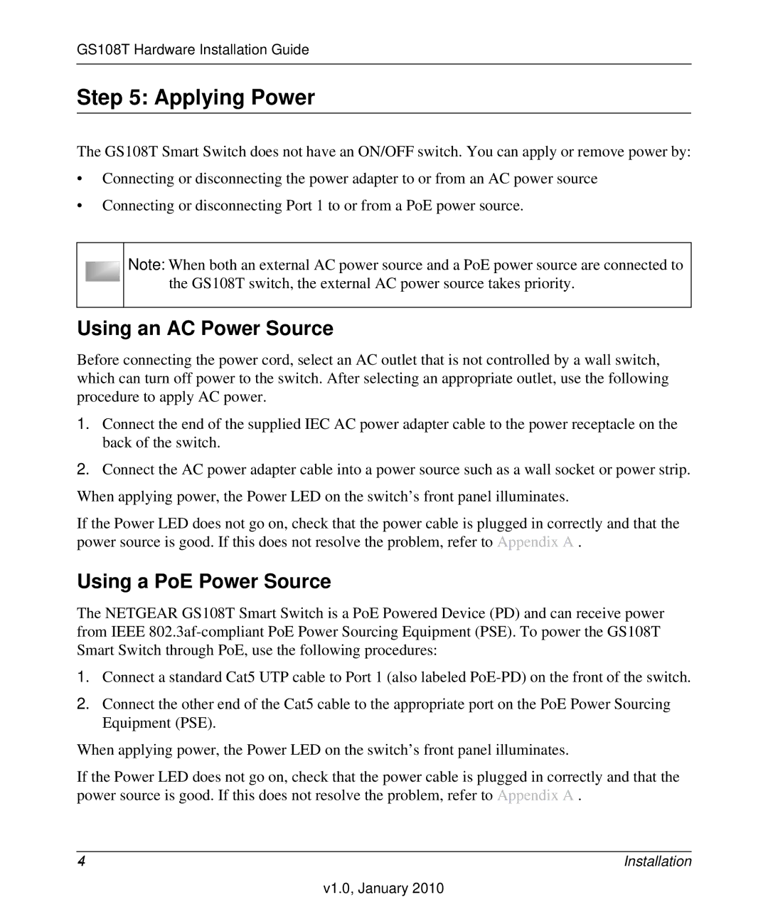 NETGEAR GS108T-200NAS manual Applying Power, Using an AC Power Source, Using a PoE Power Source 