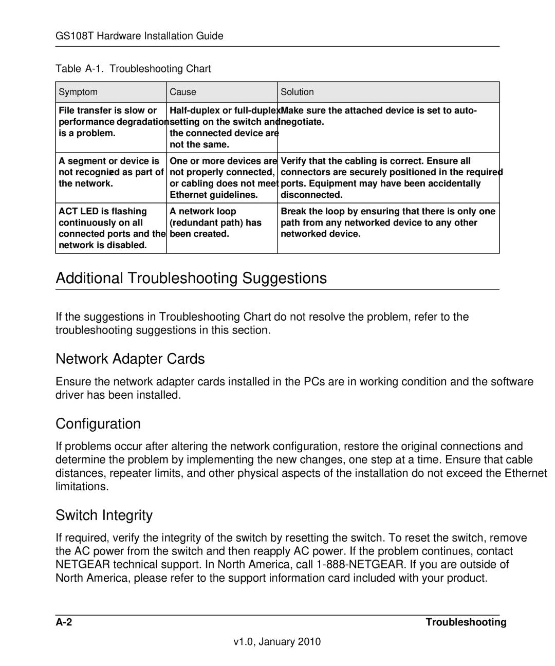 NETGEAR GS108T-200NAS manual Additional Troubleshooting Suggestions, Network Adapter Cards, Configuration, Switch Integrity 