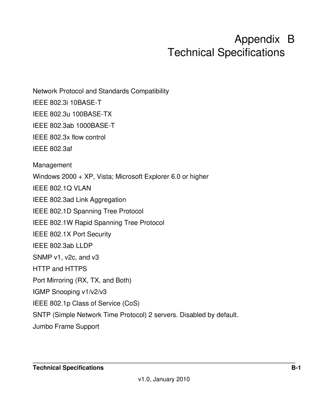 NETGEAR GS108T-200NAS manual Appendix B Technical Specifications, Network Protocol and Standards Compatibility 