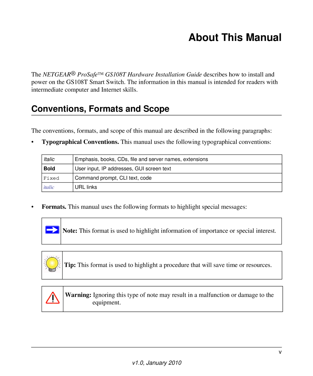 NETGEAR GS108T-200NAS manual About This Manual, Conventions, Formats and Scope 