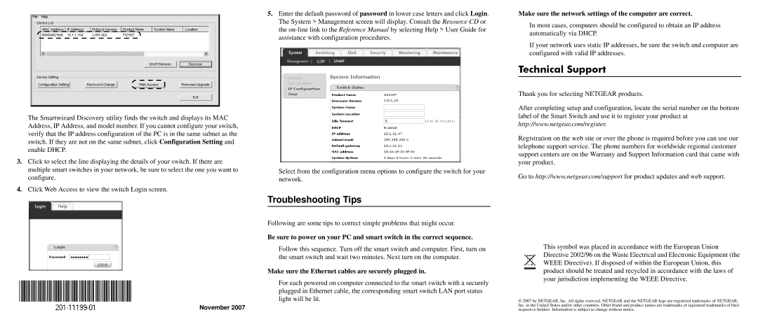 NETGEAR GS108T manual Technical Support, Troubleshooting Tips, Make sure the Ethernet cables are securely plugged 