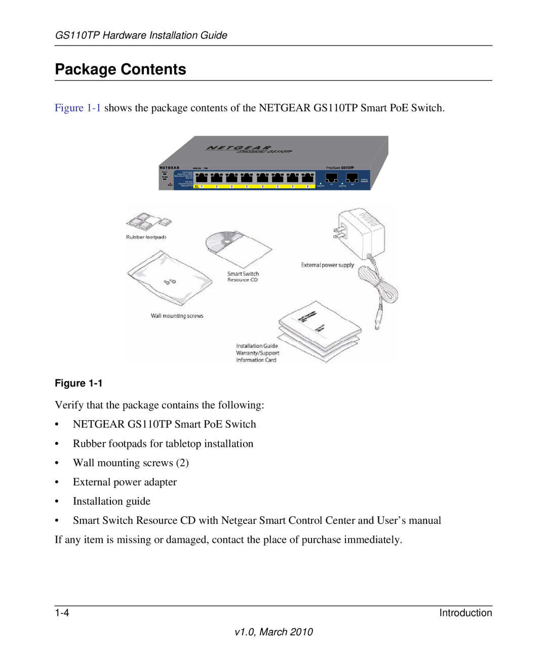 NETGEAR GS110TP-100NAS manual Package Contents 