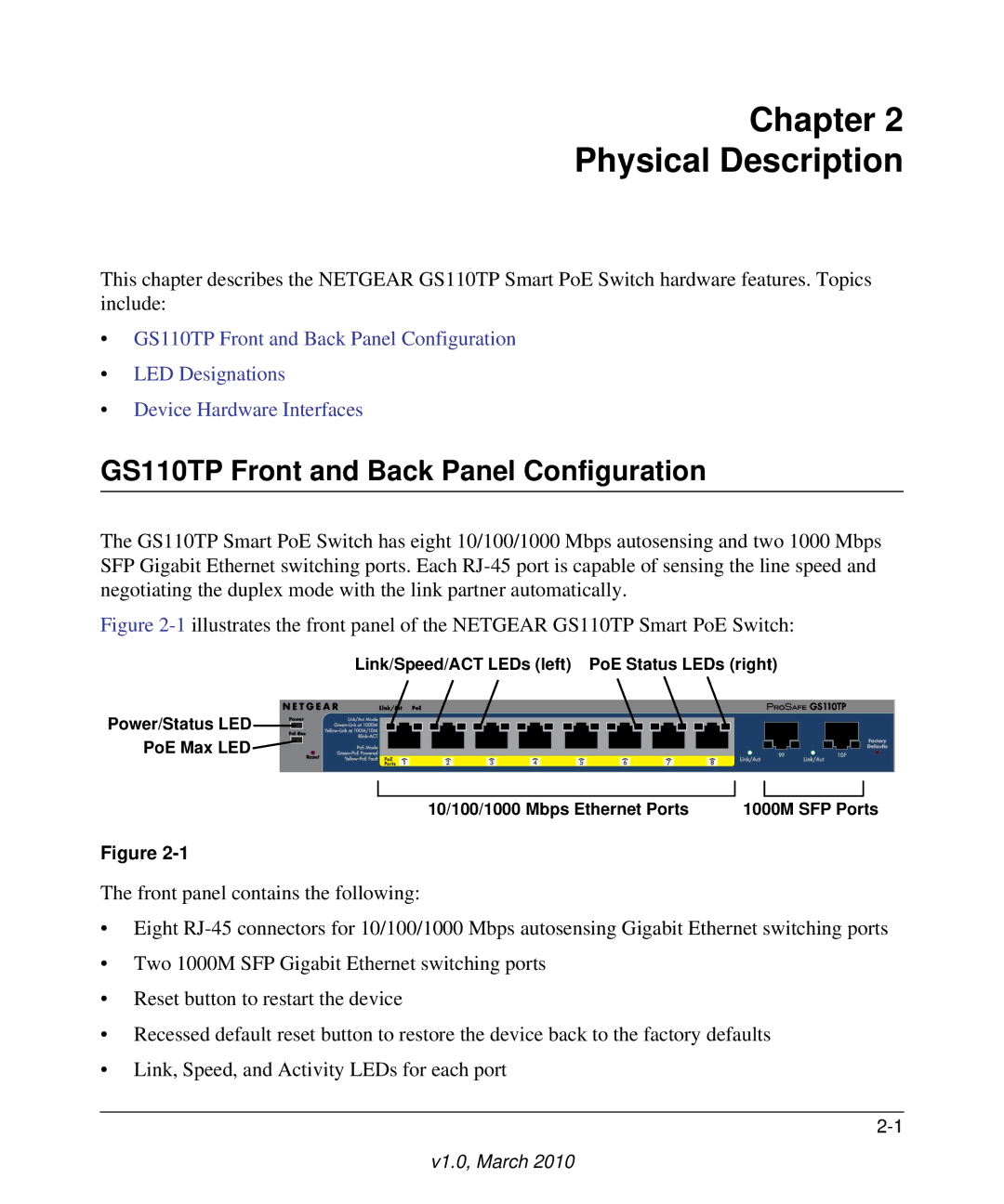 NETGEAR GS110TP-100NAS manual Chapter Physical Description, GS110TP Front and Back Panel Configuration 