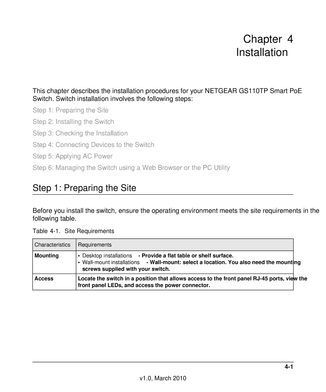 NETGEAR GS110TP-100NAS manual Chapter Installation, Preparing the Site 