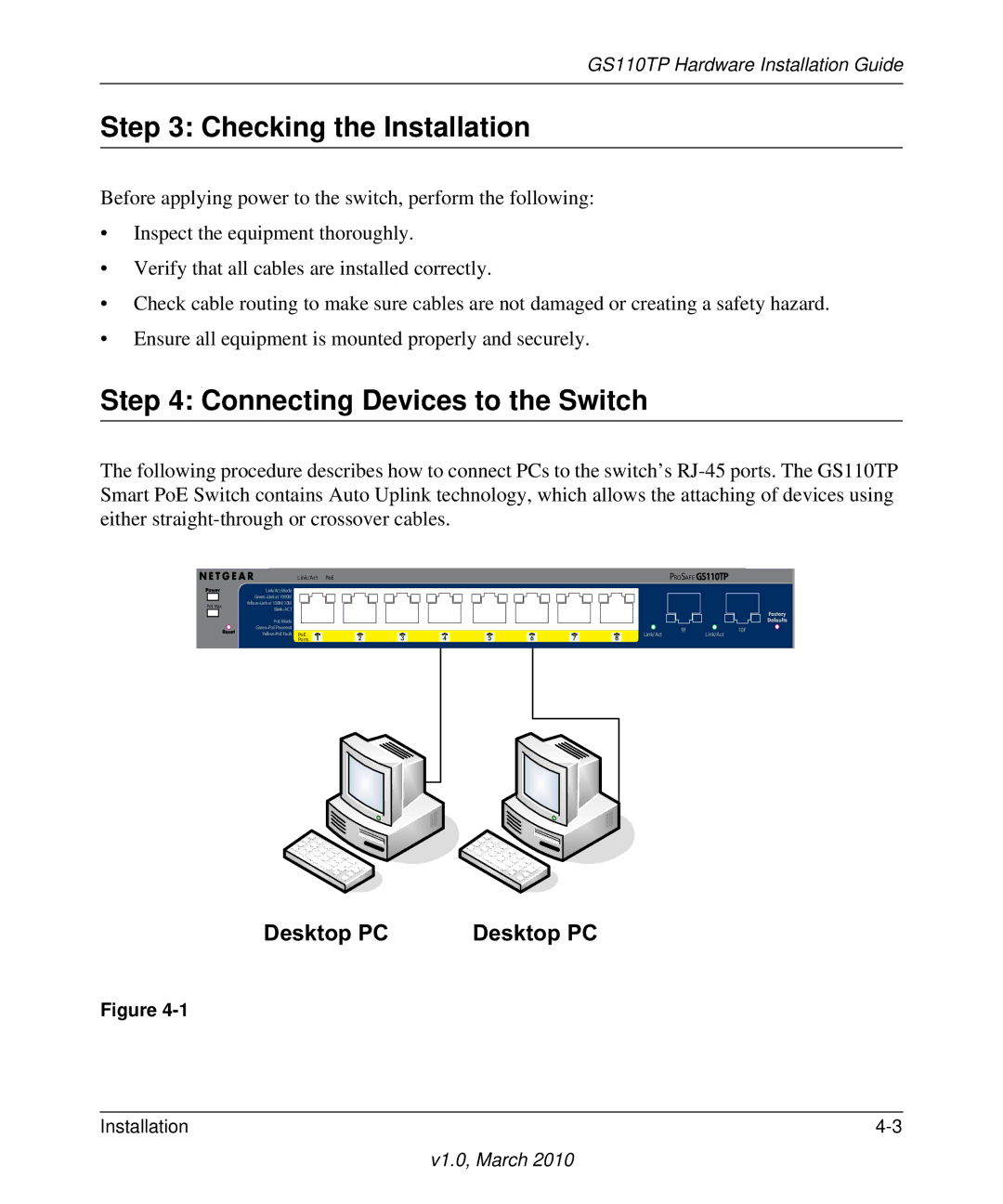 NETGEAR GS110TP-100NAS manual Checking the Installation, Connecting Devices to the Switch, Desktop PC 