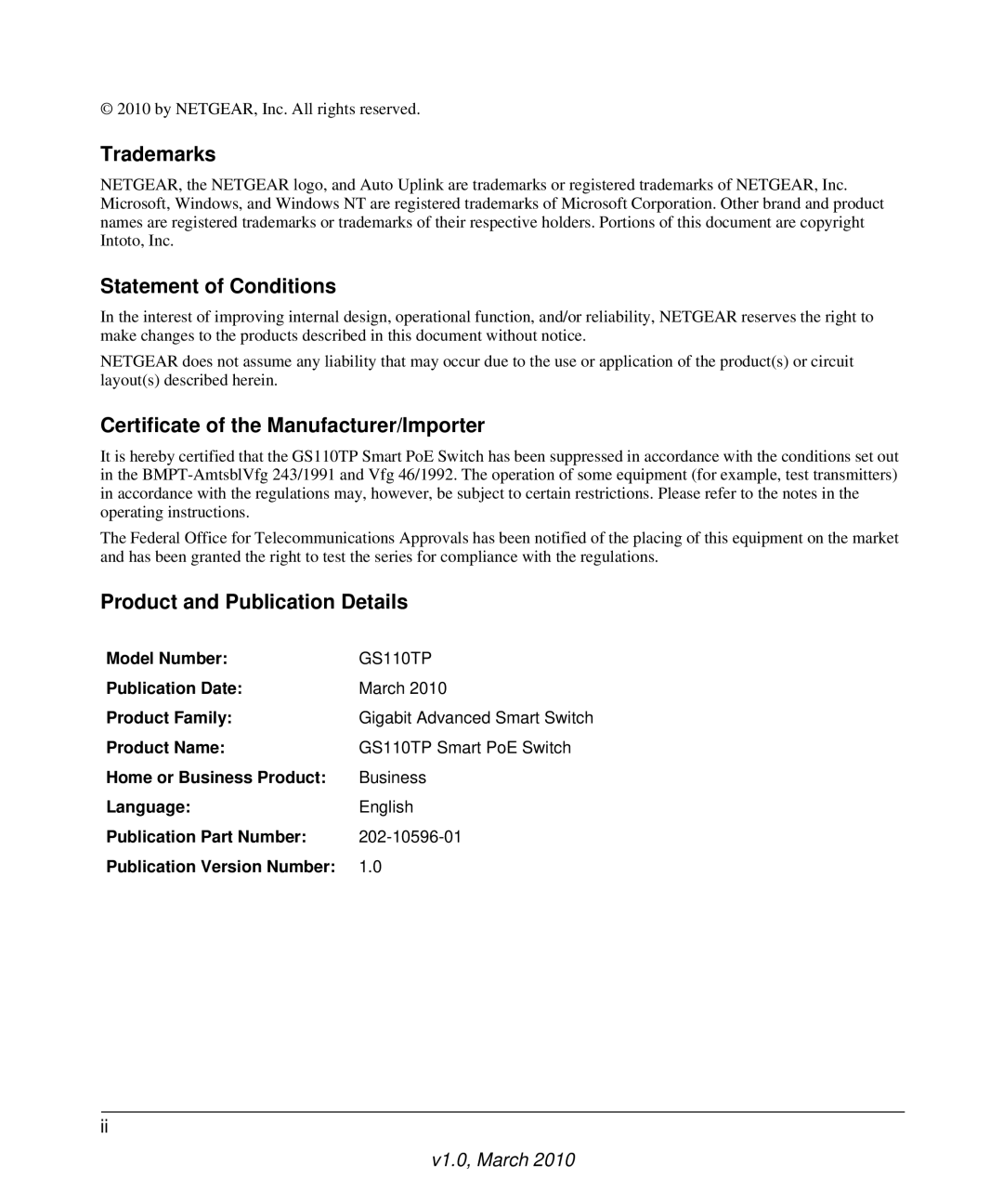 NETGEAR GS110TP-100NAS manual Trademarks, Statement of Conditions, Certificate of the Manufacturer/Importer 