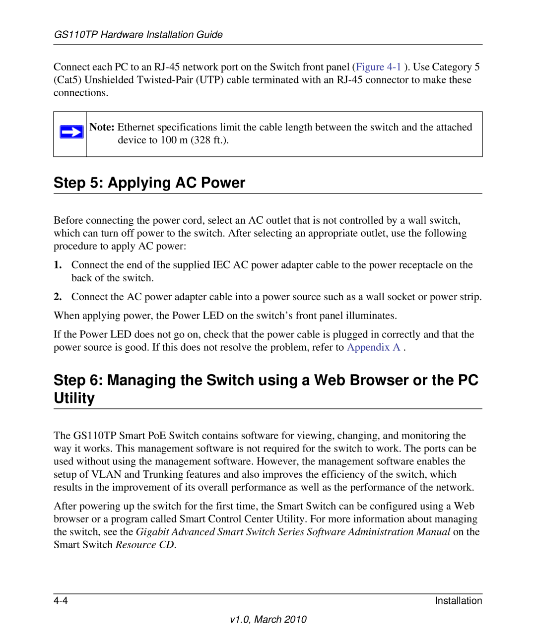 NETGEAR GS110TP-100NAS manual Applying AC Power, Managing the Switch using a Web Browser or the PC Utility 