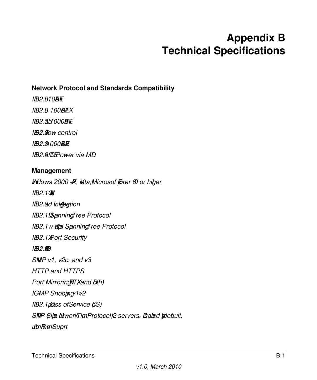 NETGEAR GS110TP-100NAS manual Appendix B Technical Specifications, Network Protocol and Standards Compatibility, Management 