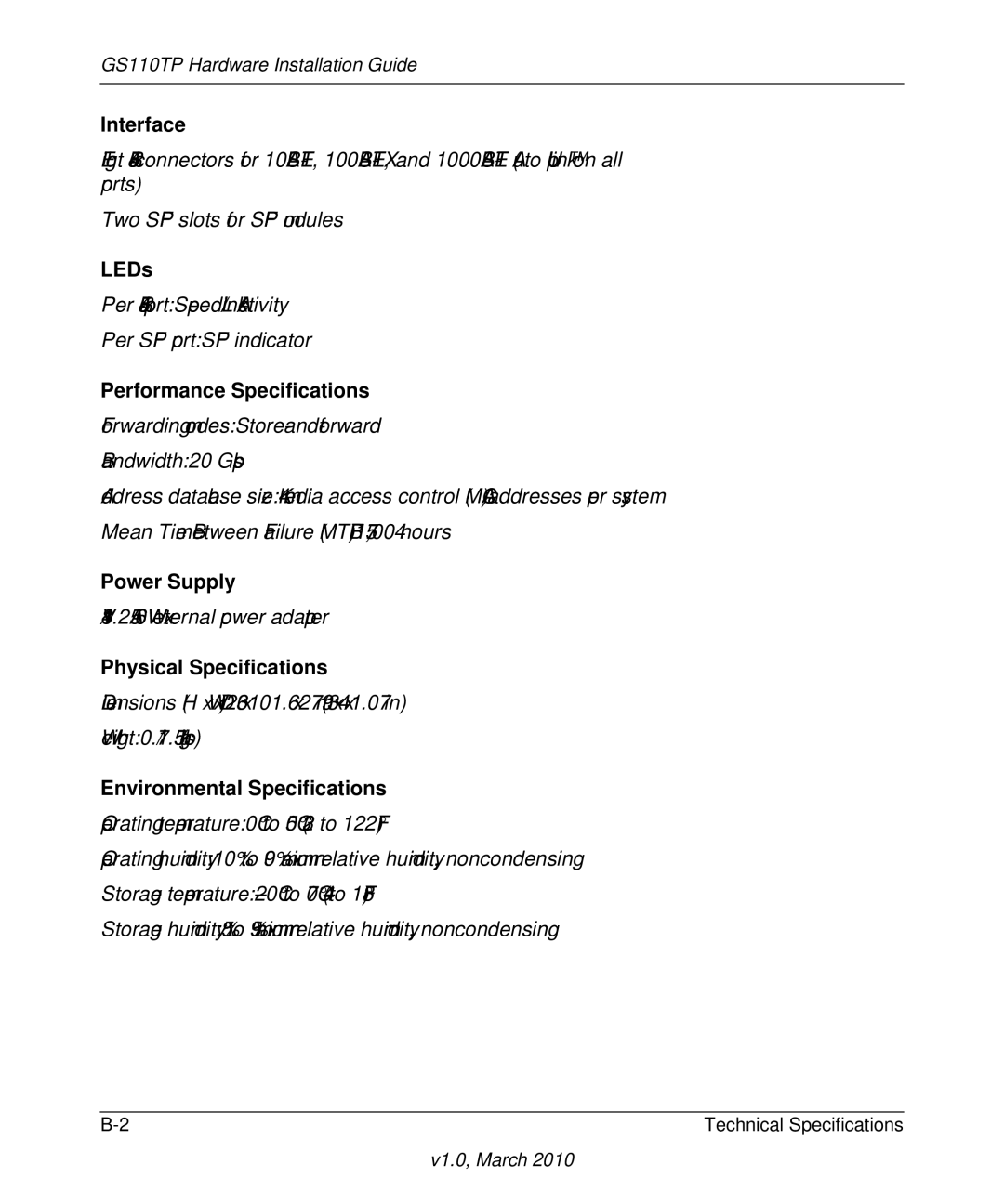 NETGEAR GS110TP-100NAS manual Interface, LEDs, Performance Specifications, Power Supply, Physical Specifications 