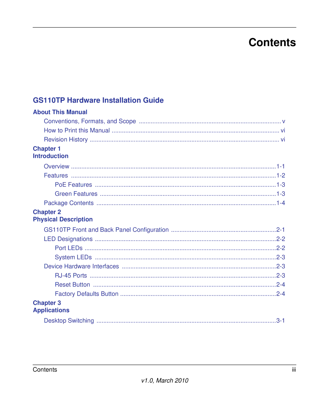 NETGEAR GS110TP-100NAS manual Contents 