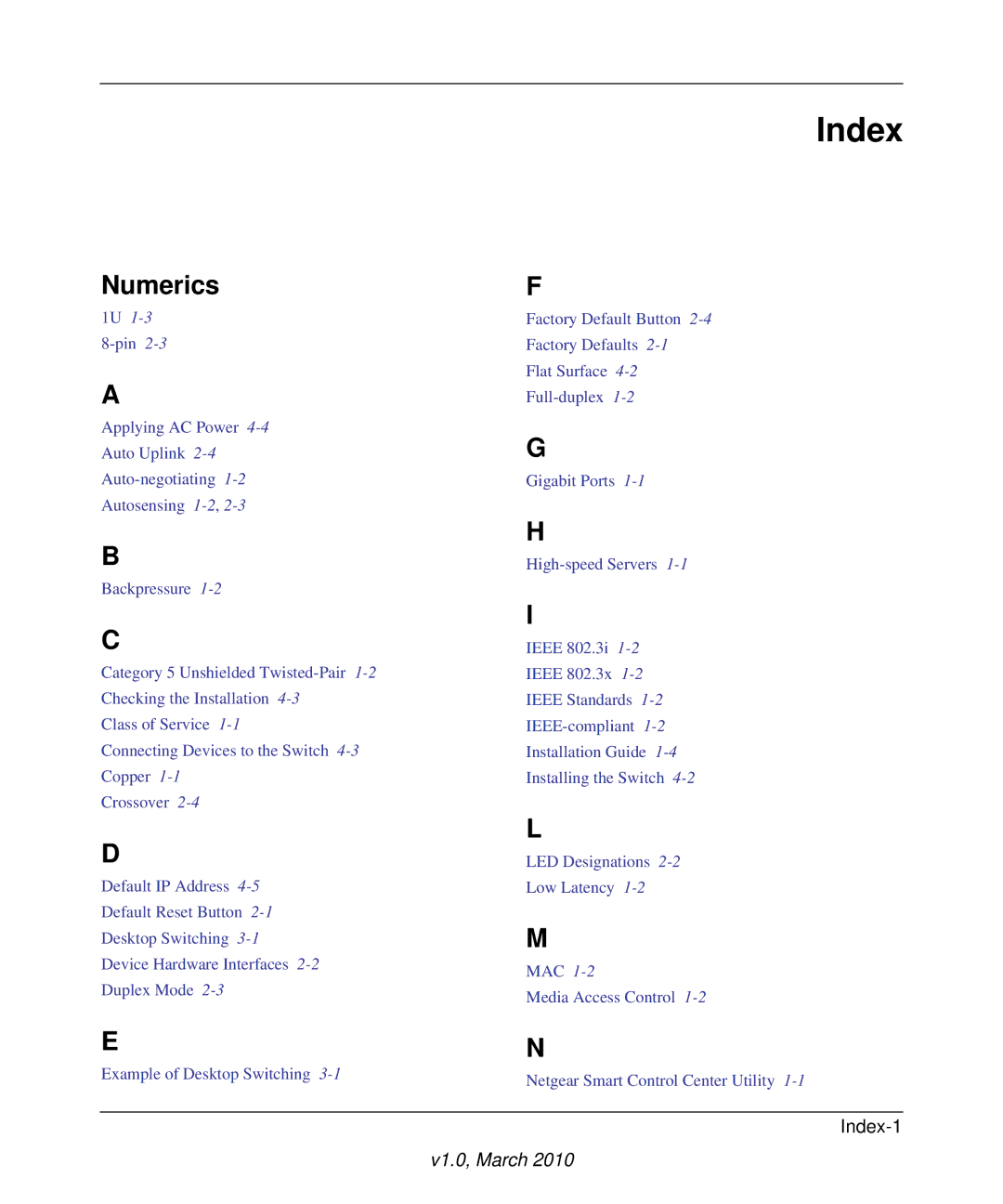 NETGEAR GS110TP-100NAS manual Index, Numerics 