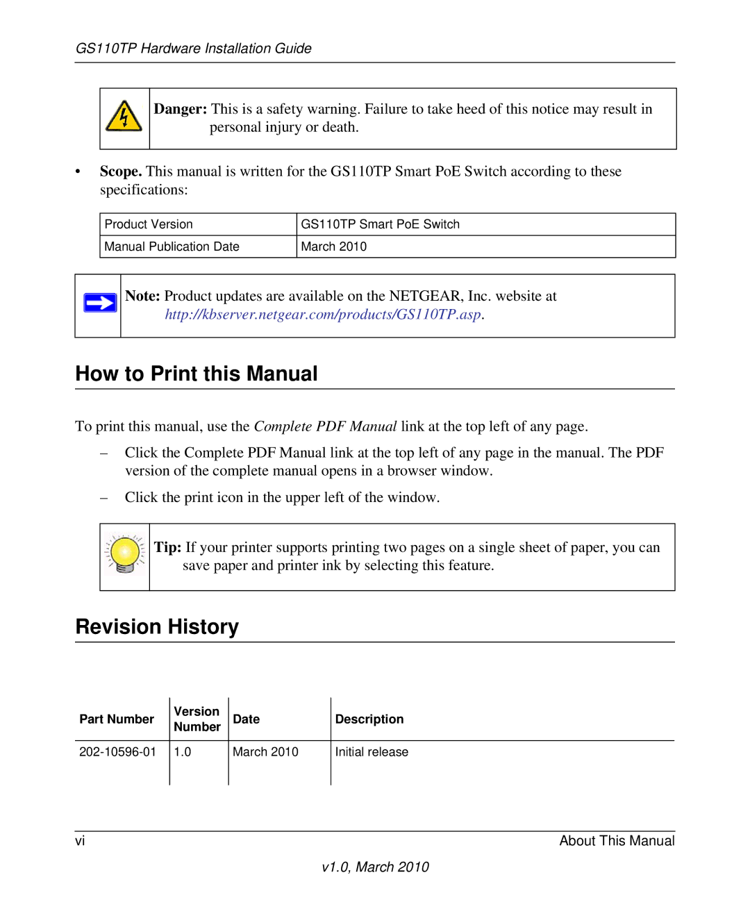 NETGEAR GS110TP-100NAS manual How to Print this Manual, Revision History 