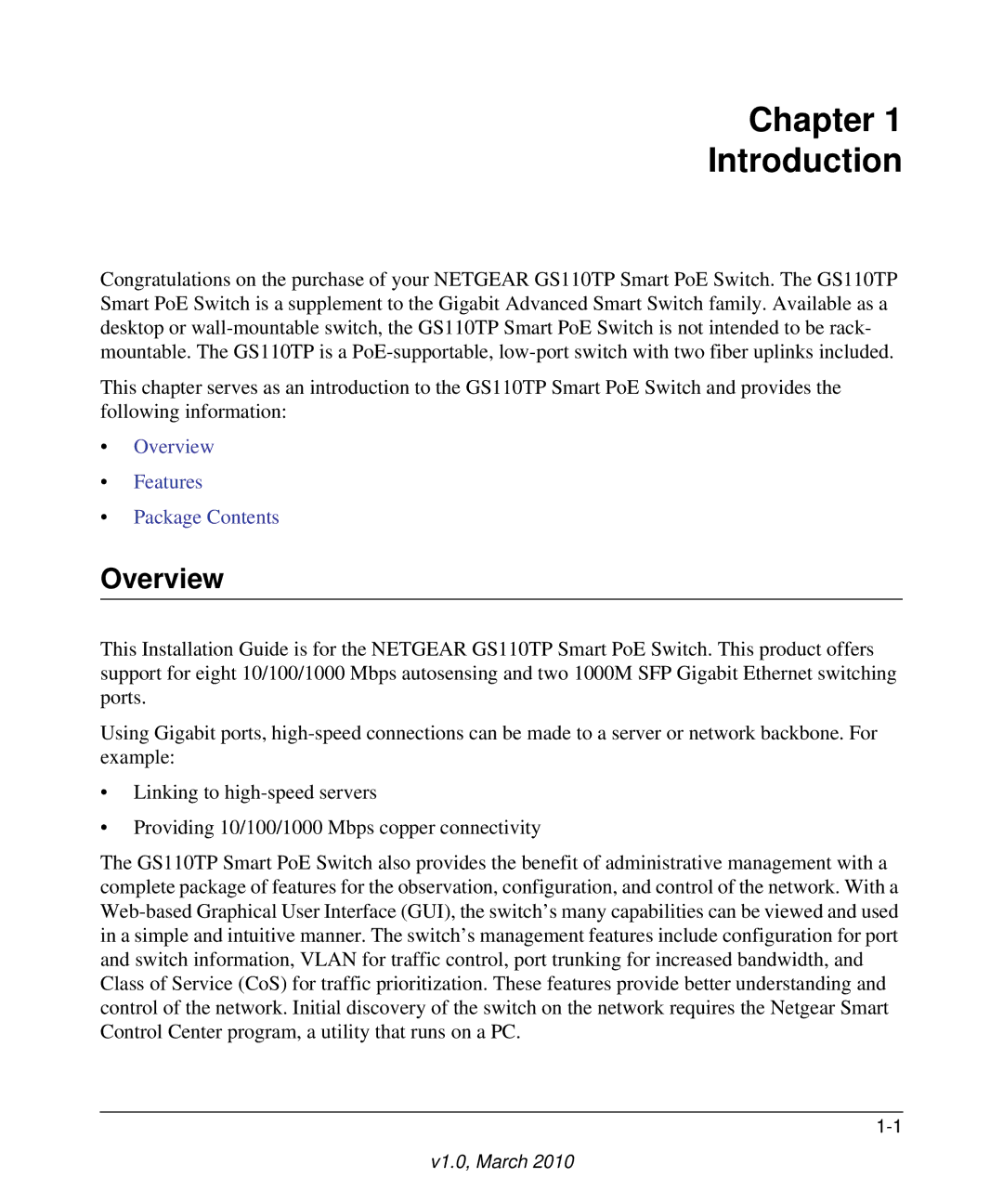 NETGEAR GS110TP-100NAS manual Chapter Introduction, Overview 