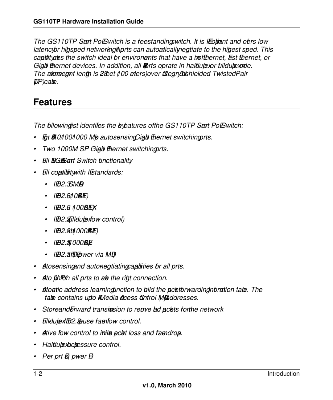 NETGEAR GS110TP-100NAS manual Features 