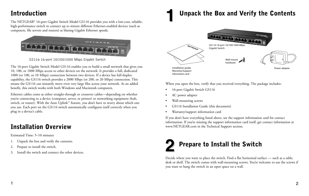 NETGEAR GS116 Introduction, Installation Overview, Unpack the Box and Verify the Contents, Prepare to Install the Switch 