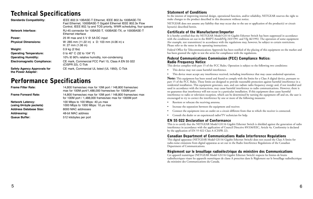 NETGEAR GS116NA manual Technical Specifications, Performance Specifications 