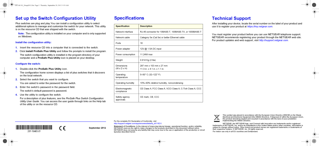 NETGEAR GS116E-100NAS Set up the Switch Configuration Utility, Specifications, Technical Support, Configure the switch 