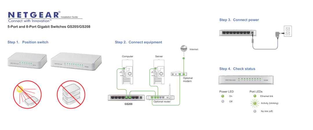 NETGEAR GS205, GS208 manual Connect power, Position switch, Check status 