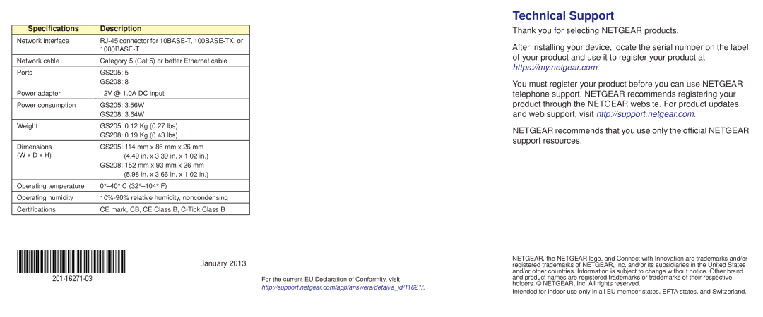 NETGEAR GS208, GS205 manual Technical Support, Specifications Description 