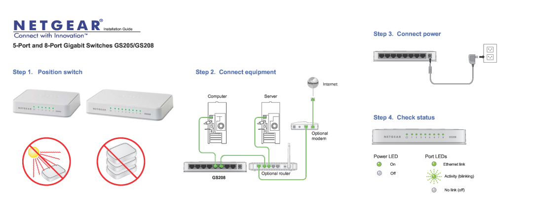NETGEAR manual Connect power, Port and 8-Port Gigabit Switches GS205/GS208, Position switch, Check status, Power LED 