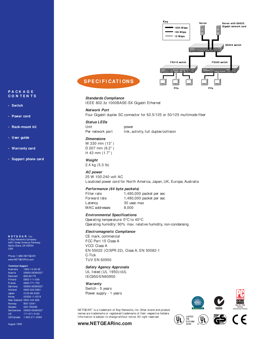 NETGEAR GS504 Standards Compliance, Network Port, Status LEDs, Dimensions, Weight, AC power, Performance 64 byte packets 