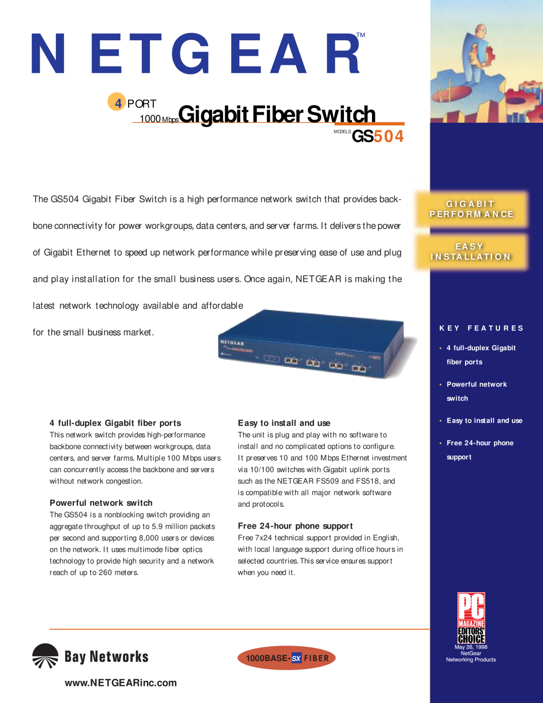 NETGEAR GS504 manual N E T G E A R, 1000MbpsGigabitFiberSwitch, Port, full-duplex Gigabit fiber ports 