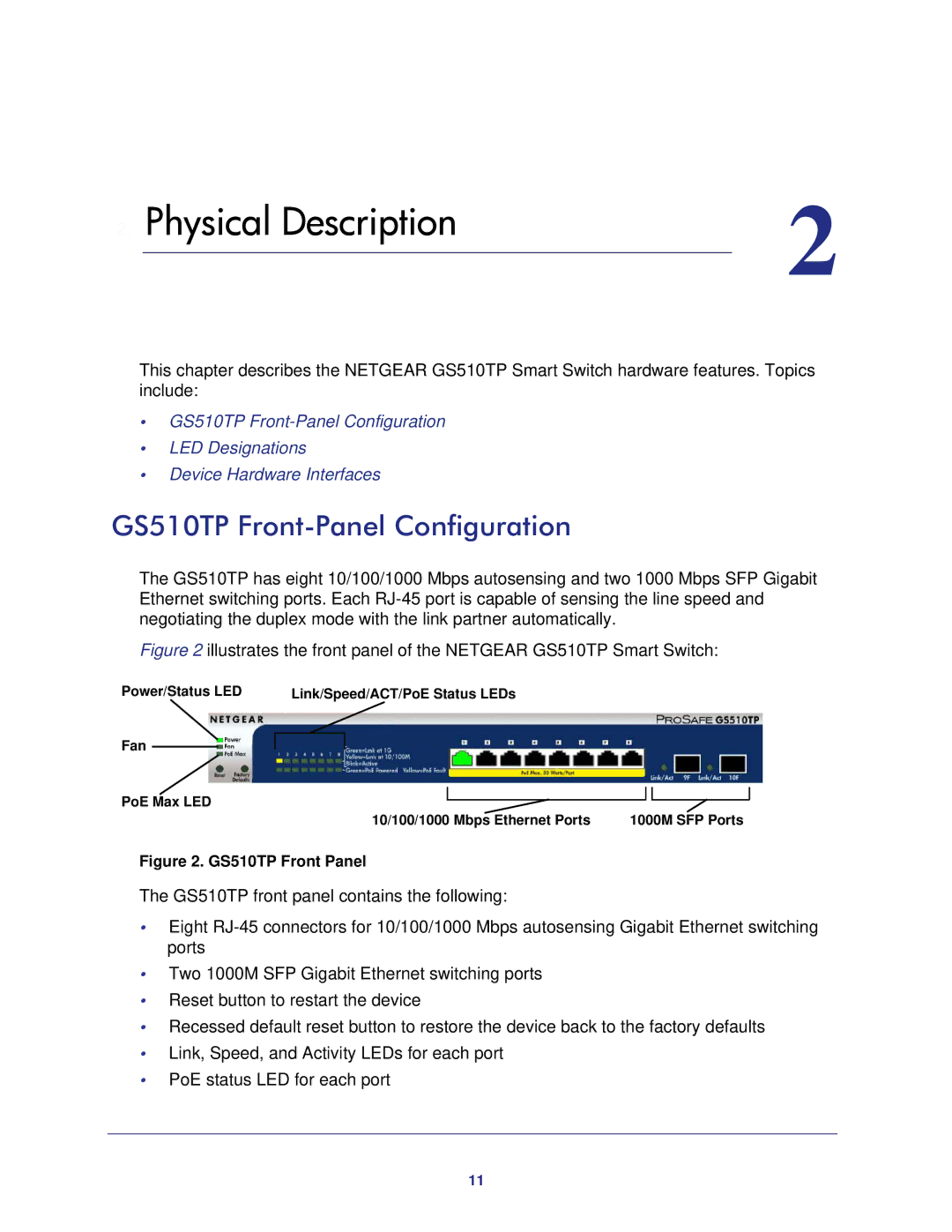 NETGEAR GS510TP-100NAS manual Physical Description, GS510TP Front-Panel Configuration 