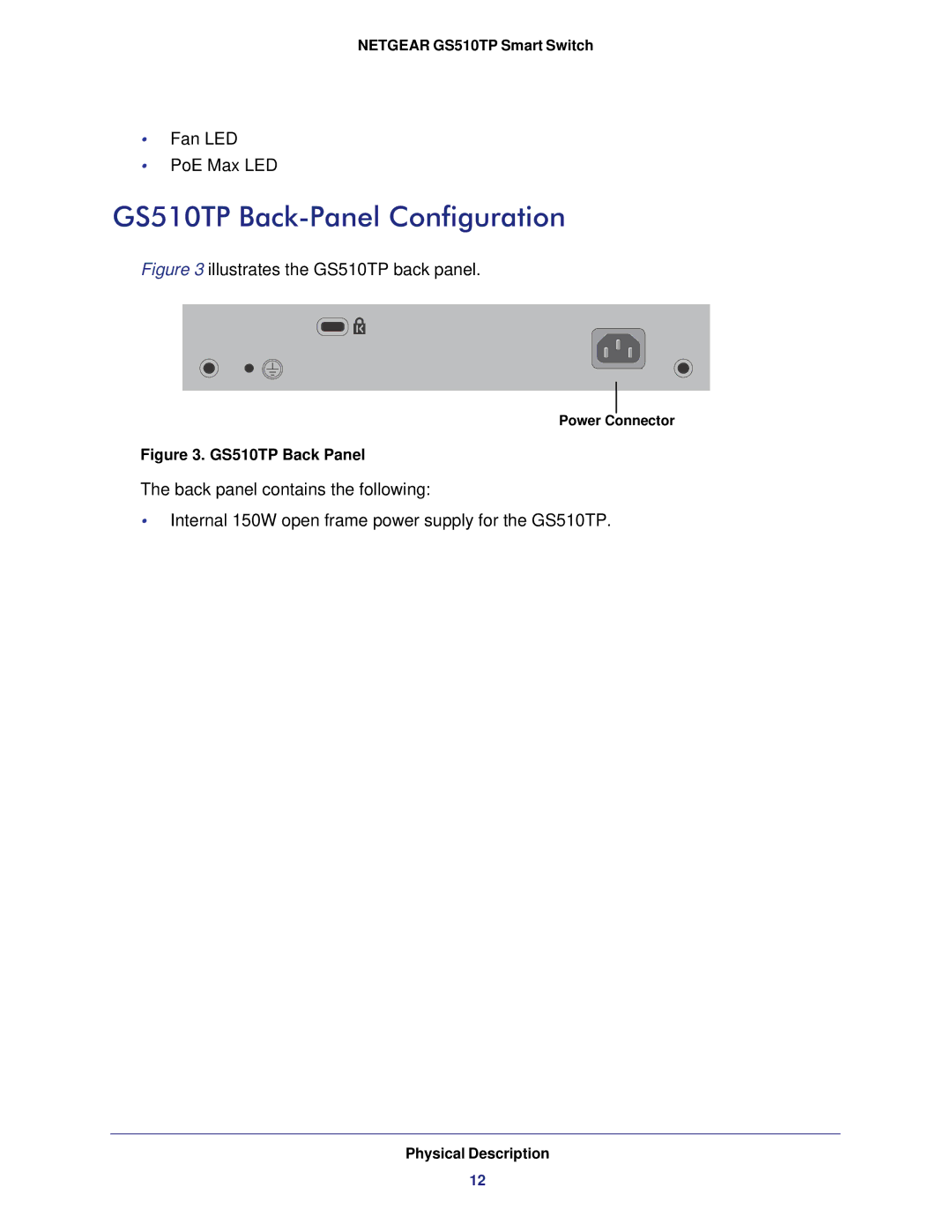 NETGEAR GS510TP-100NAS manual GS510TP Back-Panel Configuration, Physical Description 