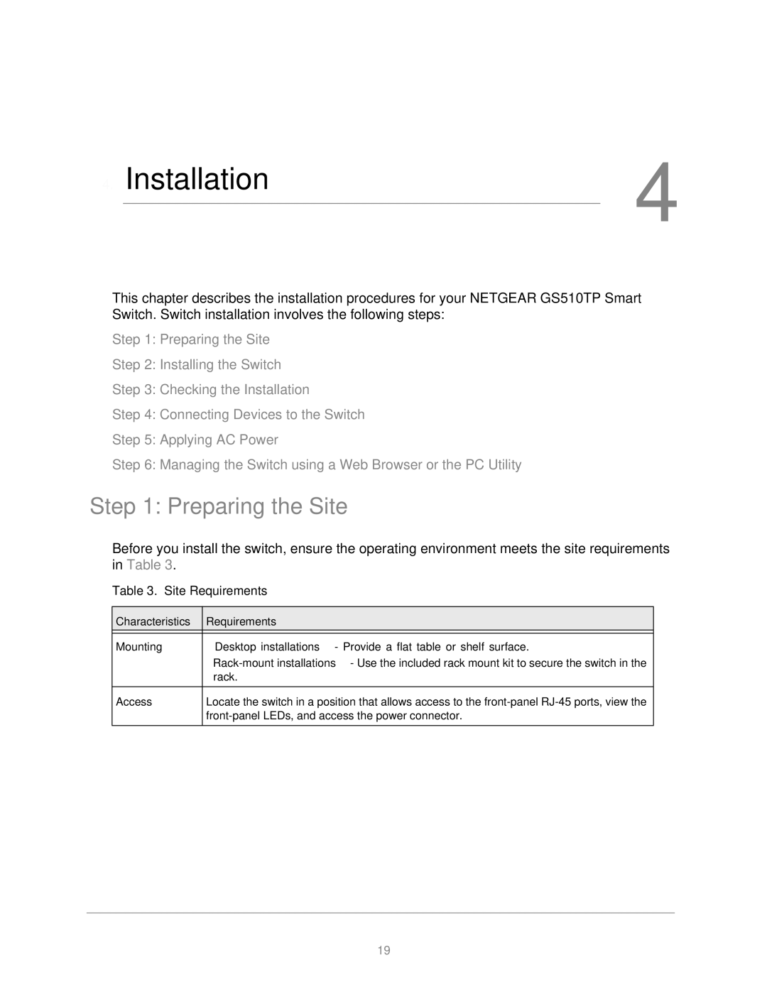 NETGEAR GS510TP-100NAS manual Installation, Preparing the Site, Site Requirements 