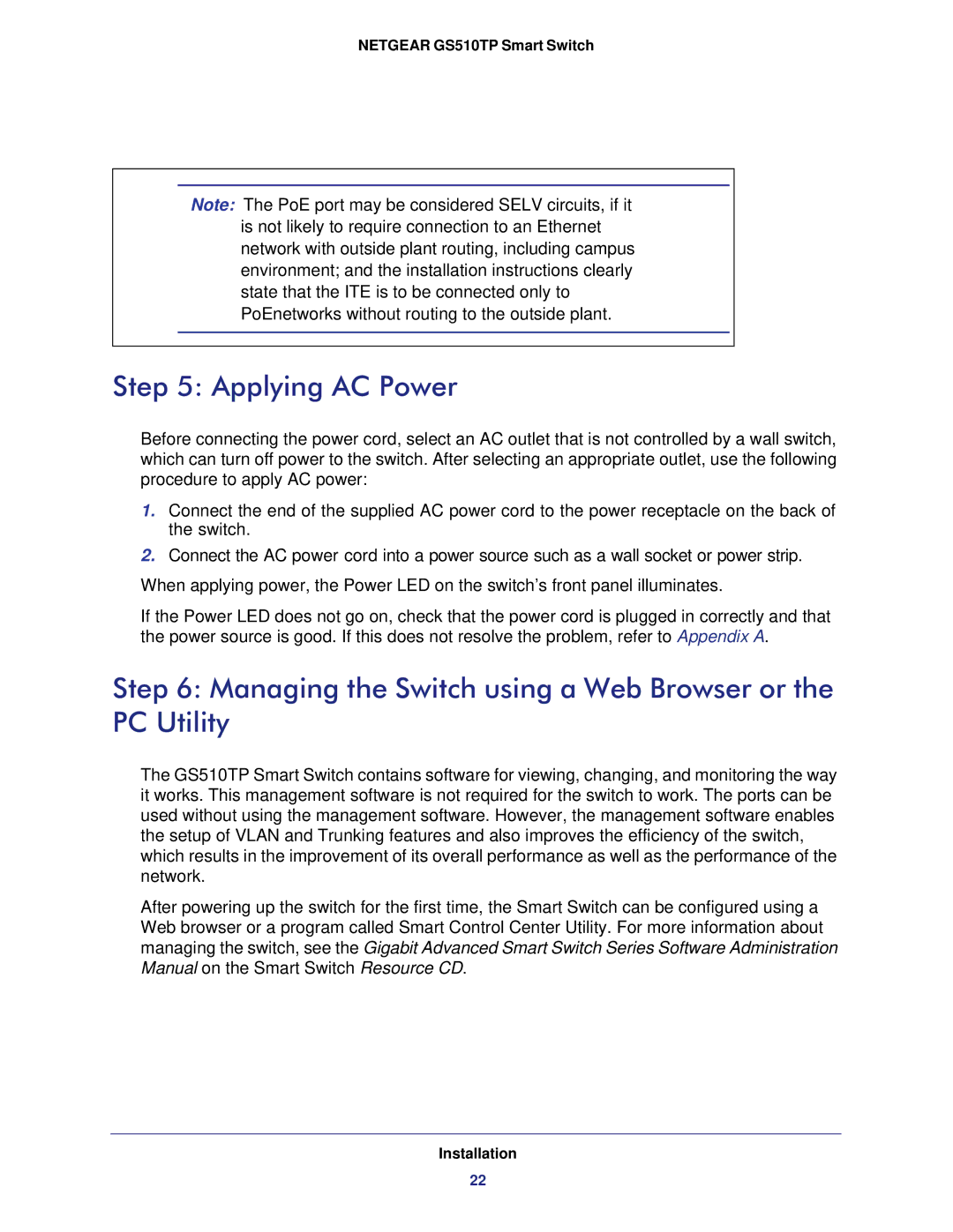 NETGEAR GS510TP-100NAS manual Applying AC Power, Managing the Switch using a Web Browser or the PC Utility 