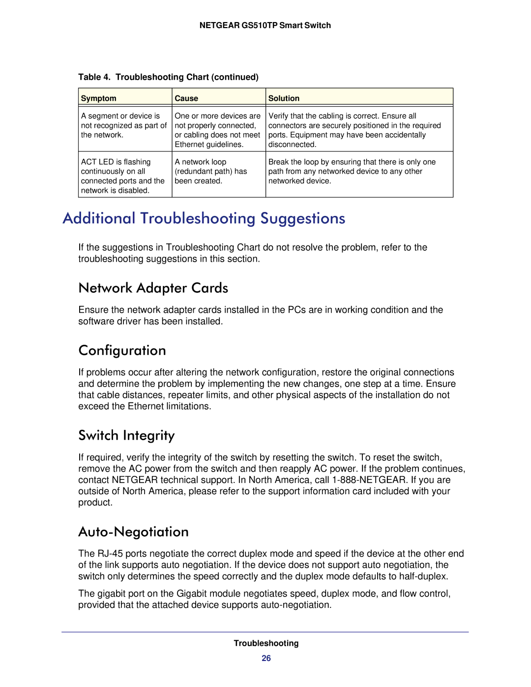 NETGEAR GS510TP-100NAS Additional Troubleshooting Suggestions, Network Adapter Cards, Configuration, Switch Integrity 