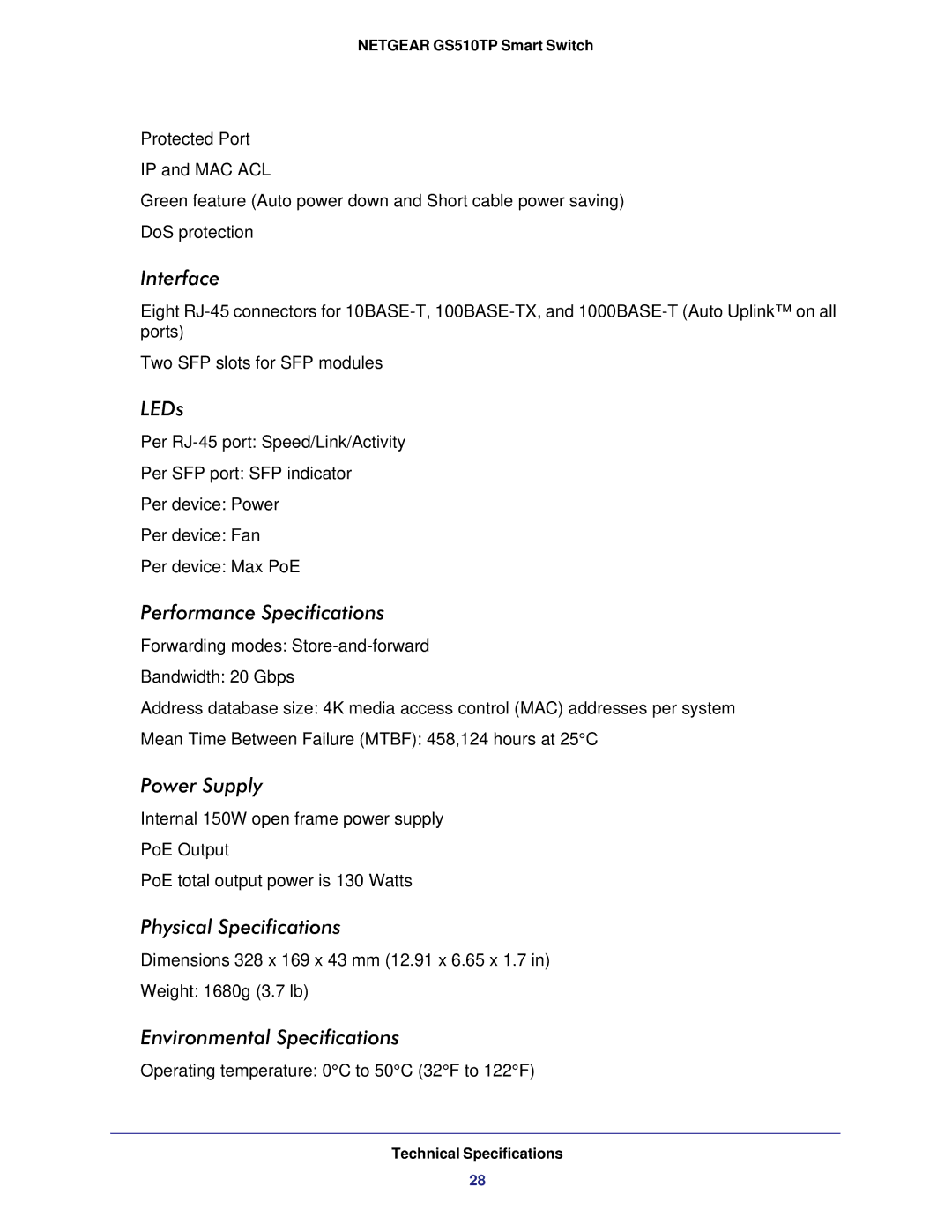 NETGEAR GS510TP-100NAS manual Interface, Technical Specifications 