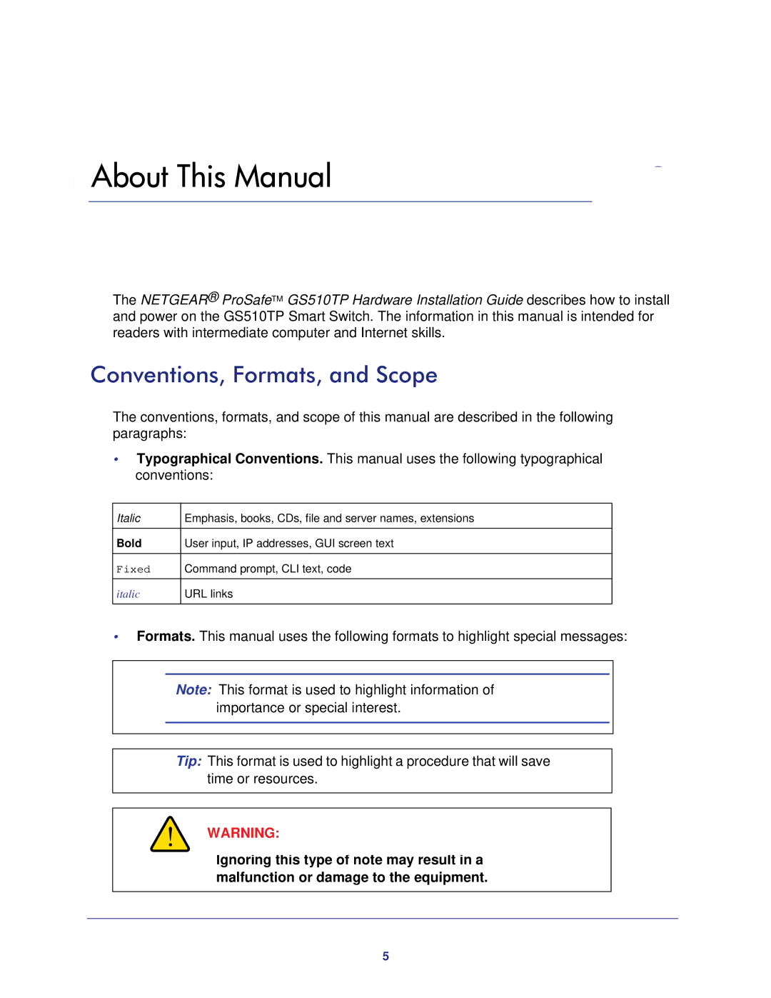 NETGEAR GS510TP-100NAS manual About This Manual, Conventions, Formats, and Scope 