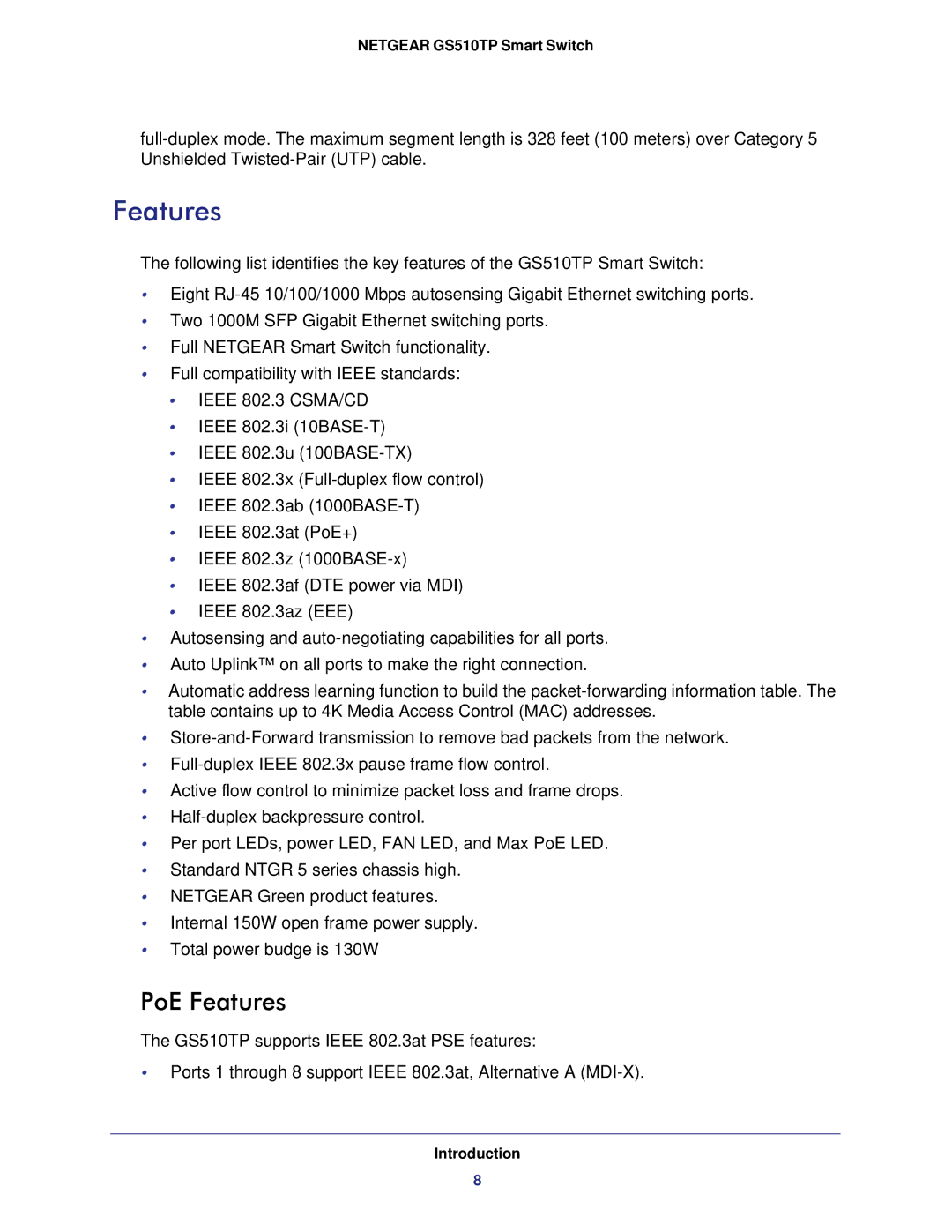 NETGEAR GS510TP-100NAS manual PoE Features, Introduction 