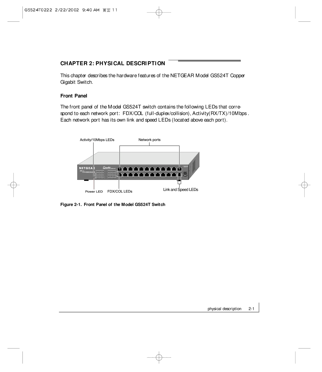 NETGEAR GS524T manual Physical Description, Front Panel 