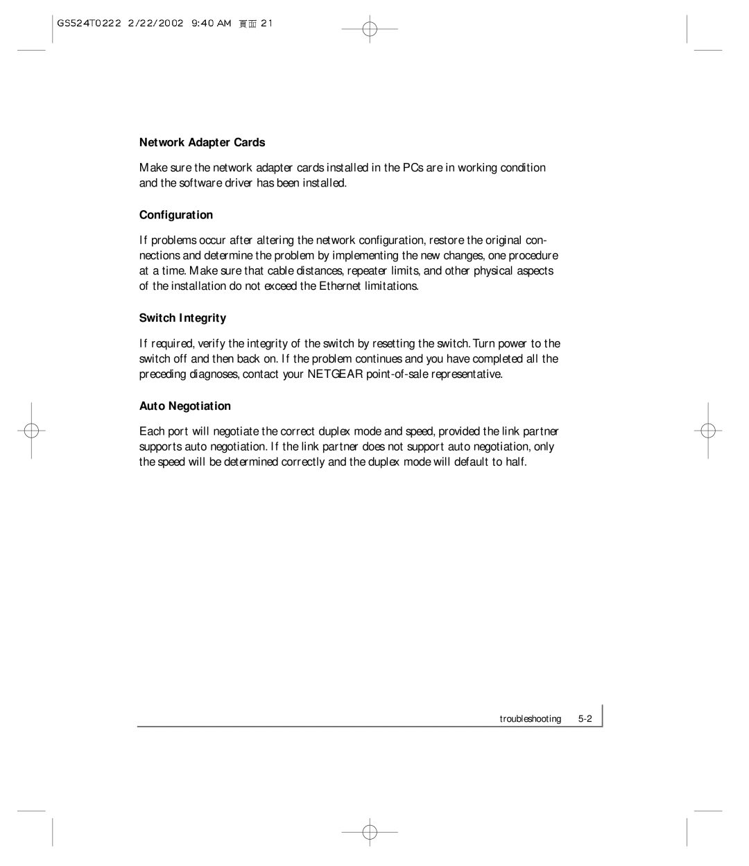 NETGEAR GS524T manual Network Adapter Cards, Configuration, Switch Integrity, Auto Negotiation 